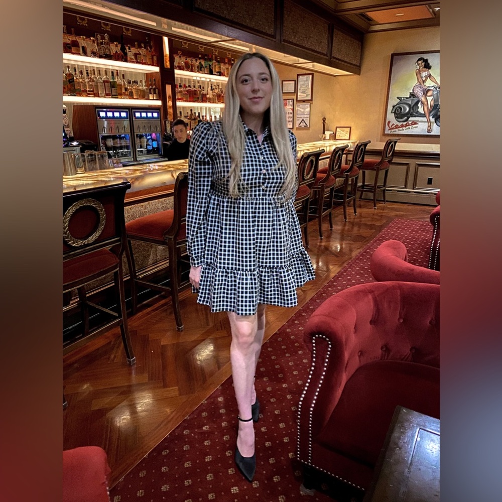 Bloomingdale’s Aqua Checkered Black & White Dress W/ embellished stone buttons